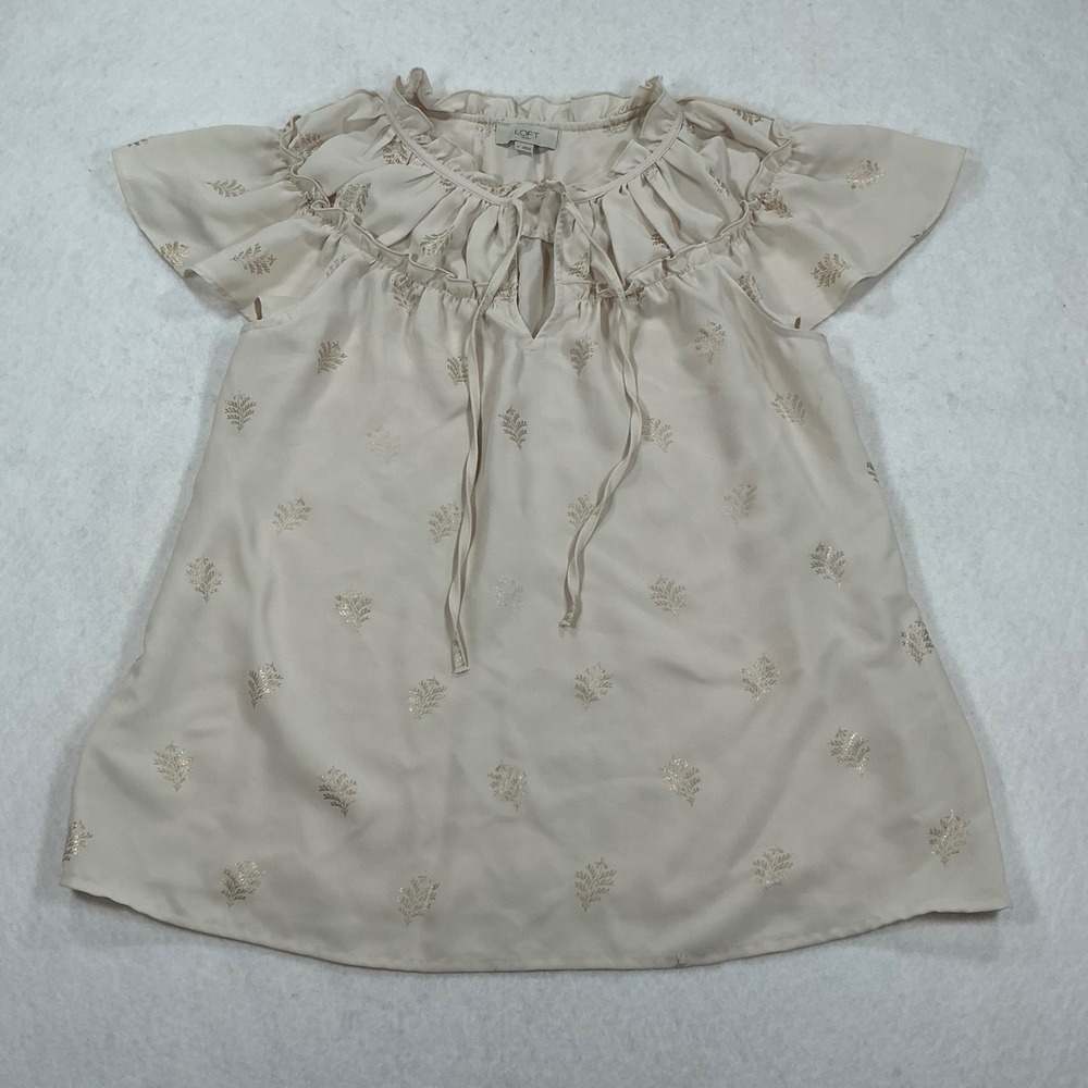 Loft Outlet Womens Gold Metallic Leaf Flutter Sleeve Ruffle Blouse Cream M 1452